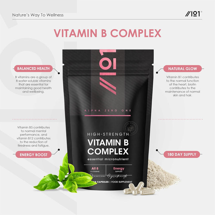 Vitamin B Complex - All Eight B Vitamins for Energy Support – 180 Vegan Capsules - B1,B2,B3,B5,B6,B12 & D3 - Resealable and Recyclable Pouch by