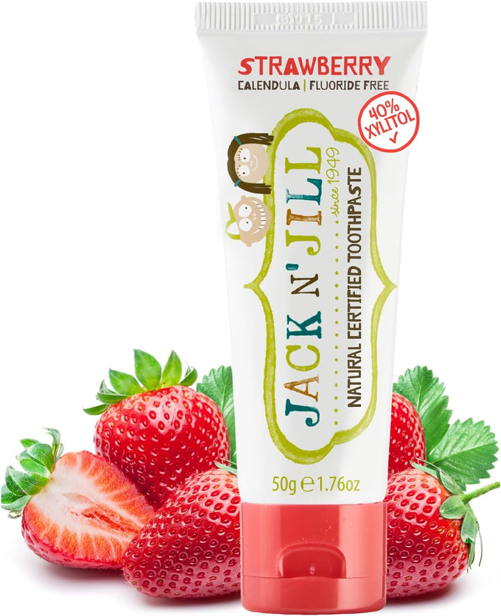 Jack N’ Jill Natural Certified Kids Toothpaste – Fluoride-Free Toddler & Baby Toothpaste with 40% Xylitol, No Sugar, Suitable from 6 Months+, Banana & Strawberry Flavour, Pack of 2 (50G Each)