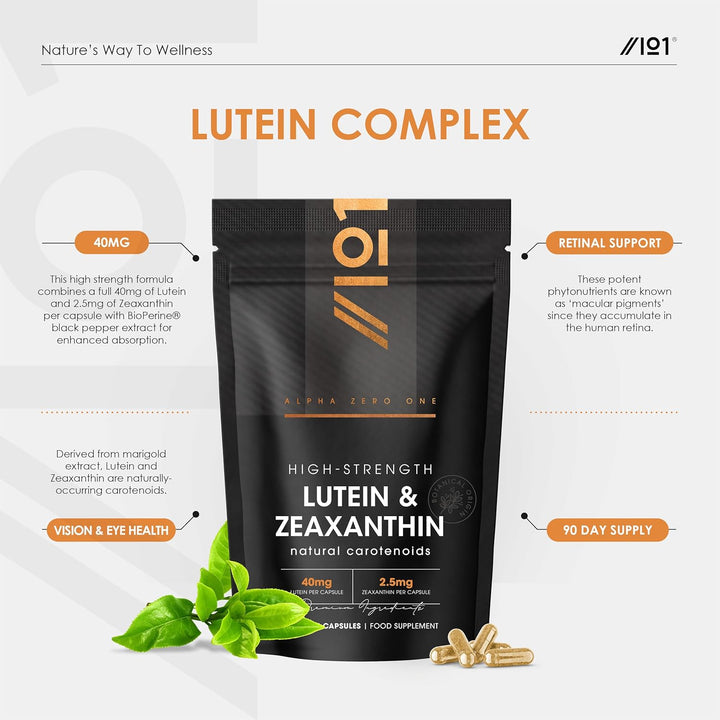 Lutein & Zeaxanthin with Bioperine® – 40Mg Lutein 2.85Mg Zeaxanthin – 90 Vegan Capsules – Natural Carotenoids from Marigold Extract – Resealable and Recyclable Pouch by