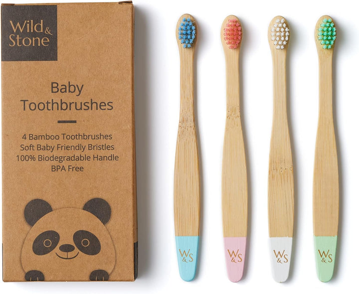 Organic Baby Bamboo Toothbrush | 4 Pack | Soft Fibre Bristles | 100% Biodegradable Handle | BPA Free | Vegan Eco Friendly Baby Toothbrushes (Multicolour)