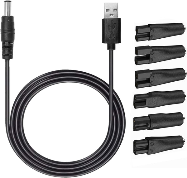 7Pcs Universal Electric Shaver Charger Kit,Usb Power Adapter Cord Replacement with 6Pcs Heads,Suitable for Electric Hair Clippers,Beard Trimmers,Shavers,Beauty Instruments,Bathroom&Travel Essential,5V