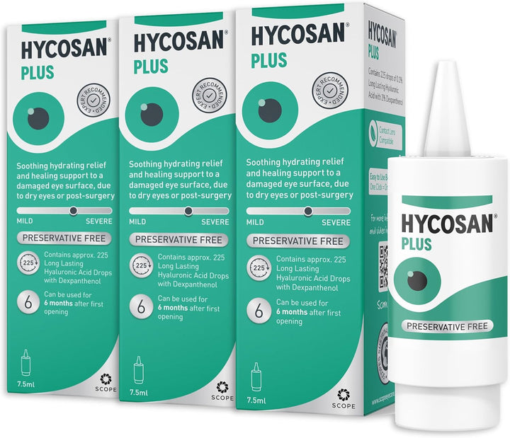 plus - Dry Eye Drops with Hyaluronic Acid and Dexpanthenol for Soothing Hydrating Relief and Healing Support for Eyes Recovering from Injury or Surgery - Preservative Free - 225 Measured Doses