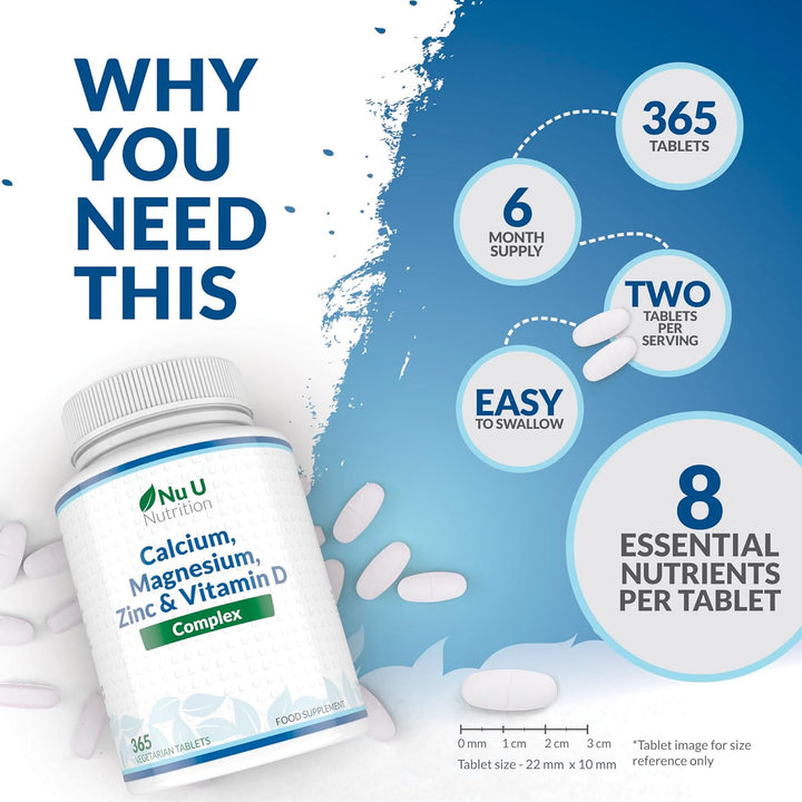 Calcium Magnesium Zinc & Vitamin D Supplement - 365 Vegetarian Tablets - High Strength Osteo Complex with Selenium, Copper, Manganese & Boron - 6 Month Supply -