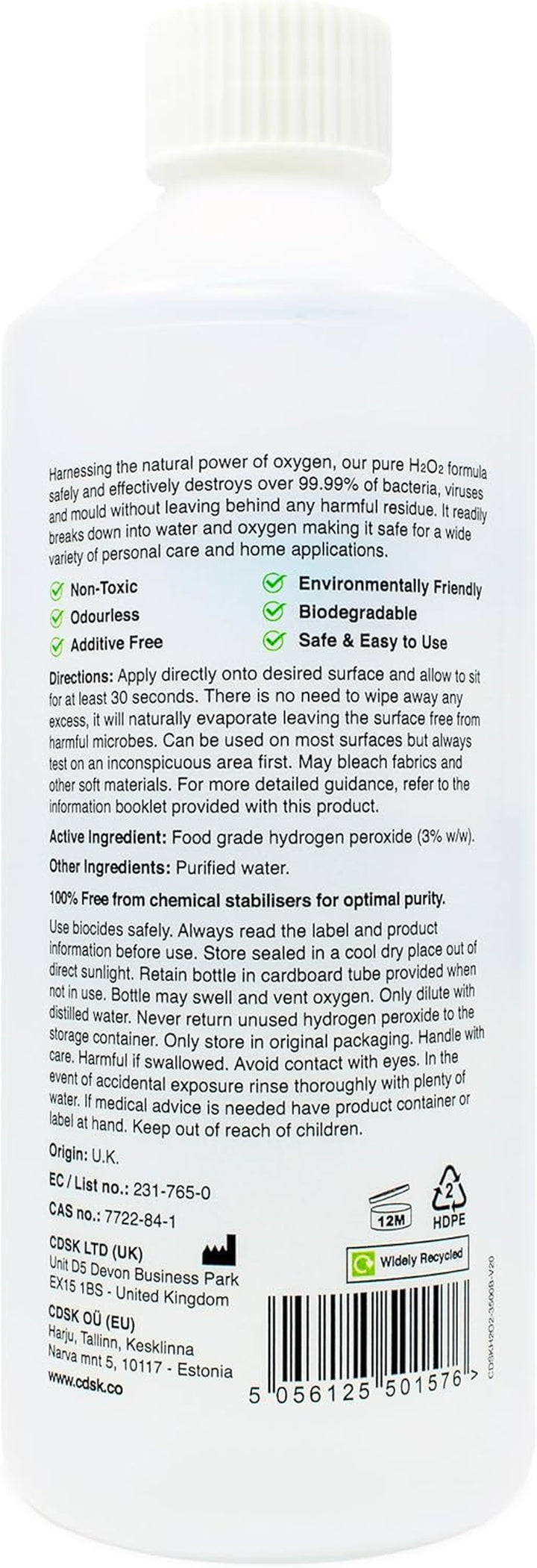 Food Grade Hydrogen Peroxide - Purest Grade 3% - 500Ml - Unstabilized and Additive Free - 10 Vols