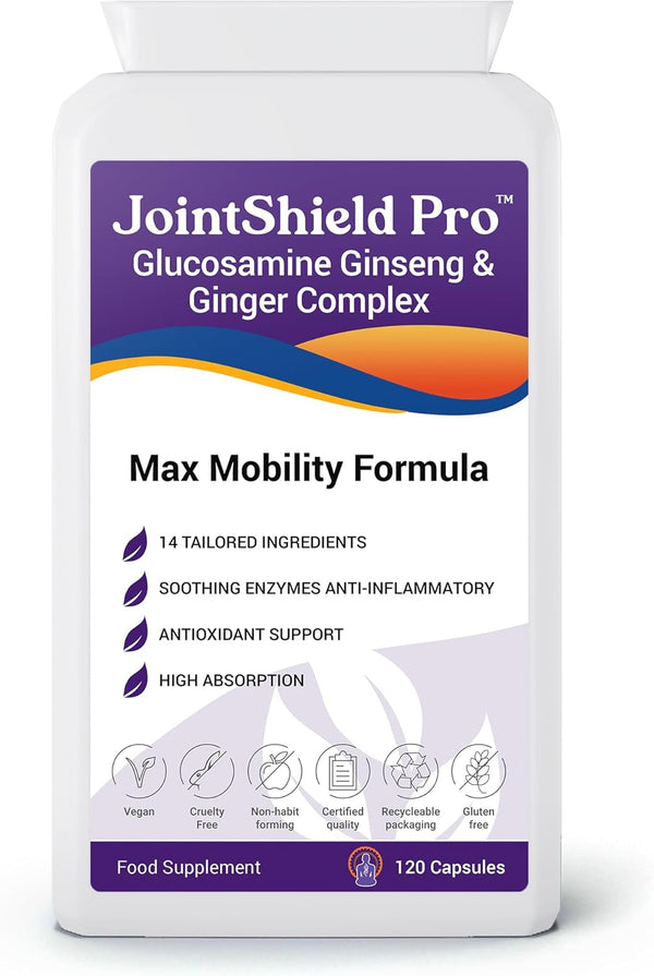 Jointshield Pro Glucosamine, Ginseng, Ginger Supplement with VIT C, MSM, Cherry, Rosehip, ACV, Turmeric & Calming Enzymes - Supports Osteoarthritis, Knee, Ankle Swelling & Inflammation Relief