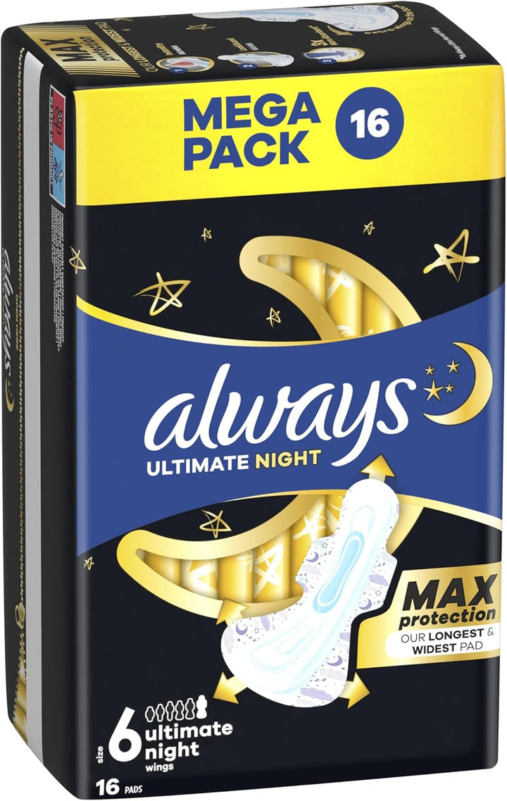 Ultra Sanitary Towels Secure Ultimate Night (Size 6) with Wings 3 X 16 Pads, Super Absorbent and Ultra Thin, for Menstrual Periods