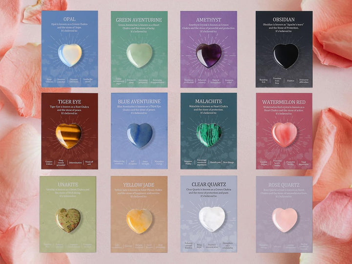 24 Pcs Crystal Gifts for Women Heart Crystals Set Assorted Healing Crystal Stones for Beginners Polished Pocket Stone Spiritual Gifts for Women（12Pcs Crystals ＆ 12Pcs Cards）