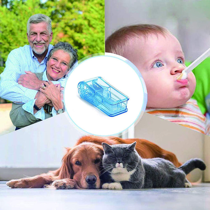 Pill Cutter, Portable Tablet Cutter with Blade and Storage Compartment 2-In-1 Pill Splitter Pill Case Half Quarter for Small or Large Pills Transparent Blue