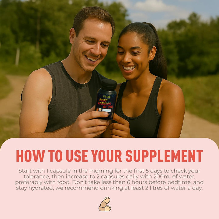 Fit Lab - Best Version of You, Food Supplement - Gym Essentials -120 Capsules - Vegan, Halal and Vegetarian Supplements for Women and Men - 60 Days Supply
