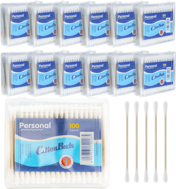 1200 PCS (100 PCS X 12) Cotton Swabs for Makeup, Ears Cleaning, Personal Care, Double-Ended Soft & Gentle Cotton Buds