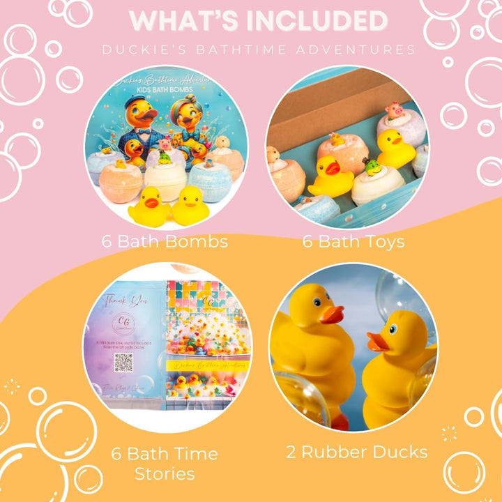 6Pcs Kids Bath Bombs Set with 6 Toys & 2 Rubber Ducks – Fun Bath Bombs for Kids with Surprise Toys inside & 6 Bathtime Stories – Safe for Sensitive Skin & Birthday Gift for Boys & Girls
