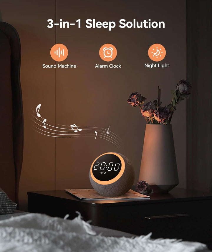White Noise Machine - Sound Machine for Adults & Light Sleepers, Alarm Clock & Night Light, 25 Soothing Sounds, 7 Wake-Up Tones, Dimmable Display, White Pink Brown Noise for Sleep Relaxation