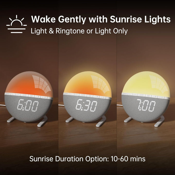 Sunrise Digital Alarm Clock, Wake up Light with Sunrise Simulation, Sunlight Alarm Clock Multicolor Bedside Lamps, Snooze, 9 Colors Night Light, 7 Ringtones, Sleep Aid, Gift for Kids, Adults