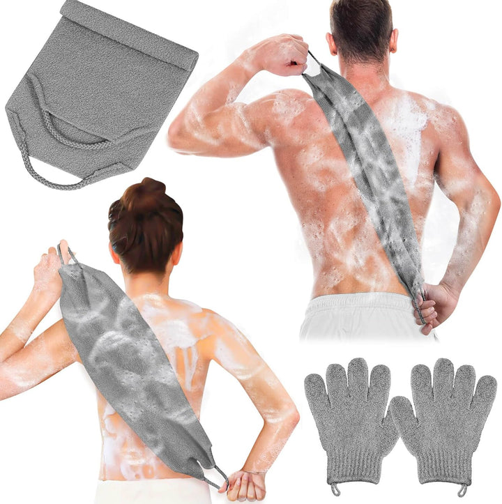 Exfoliating Back Scrubber Bath Gloves Set, Exfoliating Shower Towel with Shower Gloves for Body Scrub, Back Cleaner Wash Gloves to Remove Dead Skin (Black)