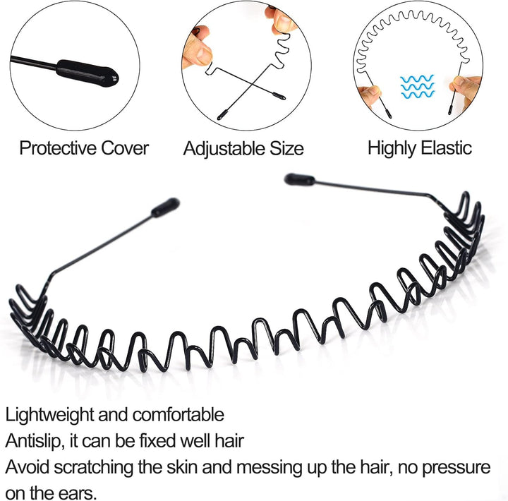 Metal Headband Mens Hair Band Non-Slip Sports Hair Hoop for Men Black Wavy Fashion Hair Band for Outdoor Weddings (6 PCS)