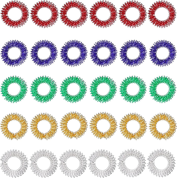 30 Pieces Acupressure Rings Spiky Sensory Rings for Fingers Stress Relief Fidget Sensory Massager for Teens Adults (Red, Blue, Green, Gold, Silver)