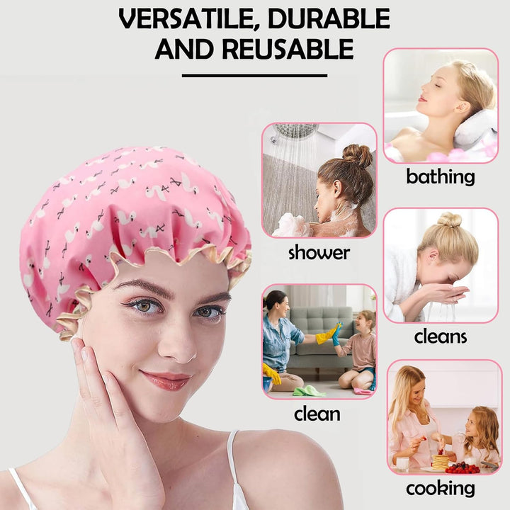 Pack of 2 | Shower Caps for Women, Double Layers Waterproof Bath Caps with Elastic Band, Reusable Shower Hat for Keeping Hair Dry Kitchen Oil-Proof Cap for Adults and Children