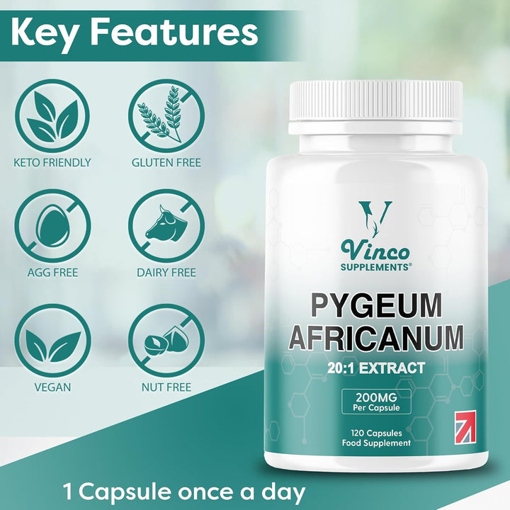 Vinco Pygeum Africanum 4,000Mg Equivalent - 200Mg of 20:1 Extract - 120 High Strength Capsules - 13% Phytosterols - Prostrate Health Supplement - Non-Gmo & Gluten Free – Made in UK