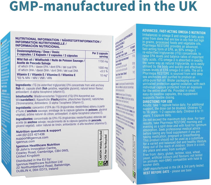 Igennus Pharmepa Restore, Pure EPA 1000Mg, IFOS Certified, Omega-3 Triglyceride Form Fish Oil, Highly Absorbable Rtg Form, 90% Concentration, Wild & Sustainable, Lemon Flavour, 60 Softgels