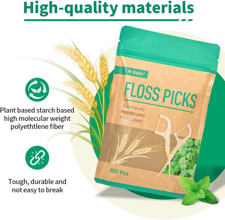 Twin-Line Dental Floss Stick -100 Pcs Eco-Friendly Wheat Straw Floss Picks, Dental Floss, Teeth Cleaning,Sustainable & Reusable, Vegan & Cruelty-Free