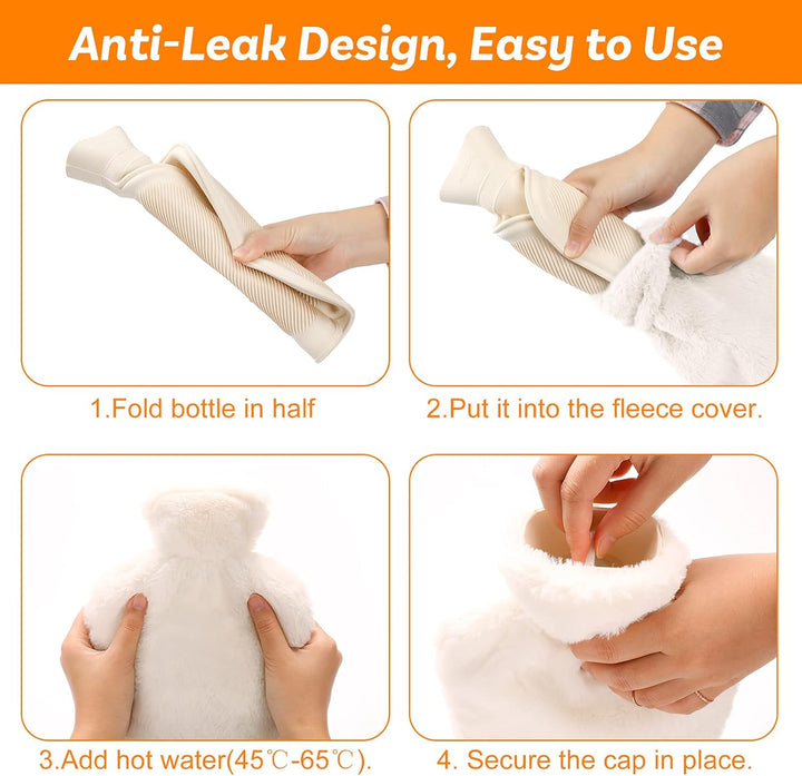 Hot Water Bottle with Fleece Cover, 2L Bag for Cold & Hot Therapy, Fluffy for Back Neck Pain Relief for Adult Kids