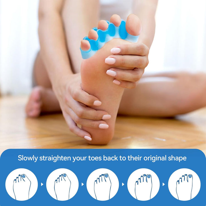 Toe Separators & Toe Spacers - 4 Pairs (Blue and Clear) - Soft Toe Straighteners for Bent Toes - Silicone Toe Separators for Overlapping Toes, Plantar Fasciitis, Hammer Toes & Claw Toes