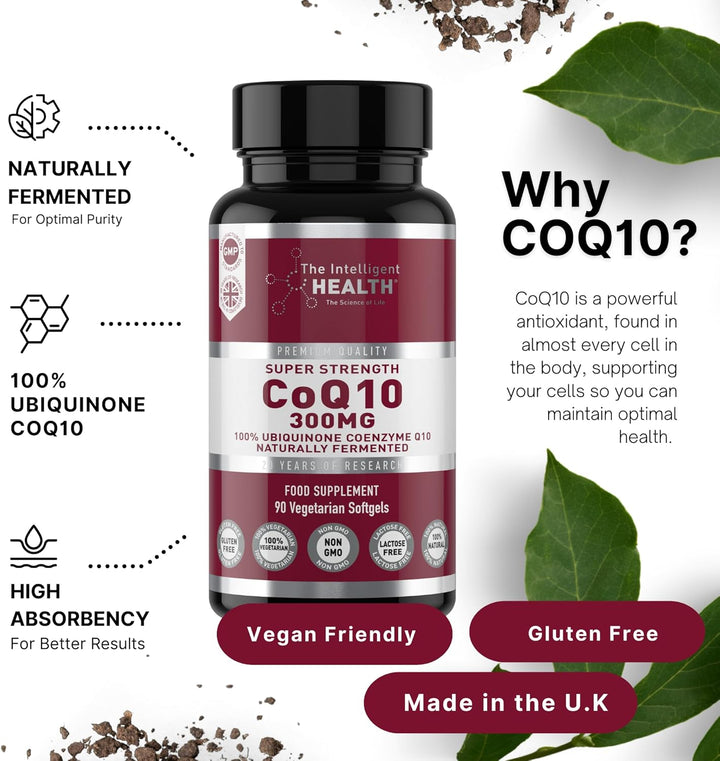 Ubiquinone Co Enzyme Q10 Softgel Capsules, Super Strength Vegan Friendly Naturally Fermented High Absorption Coq10 Capsules Made in the UK to GMP Standards -  (90 Count, 300 Mg)