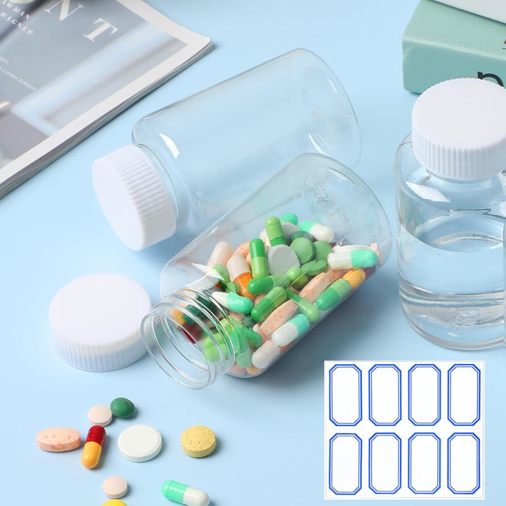 Clear Pill Bottle 6 Pcs Empty Medicine Organizers 150ML Jar Powder Box Storage Transparent Reagent Containers Plastic Dispenser Leak Proof Caps Receptacle for Toiletries Counter Labels