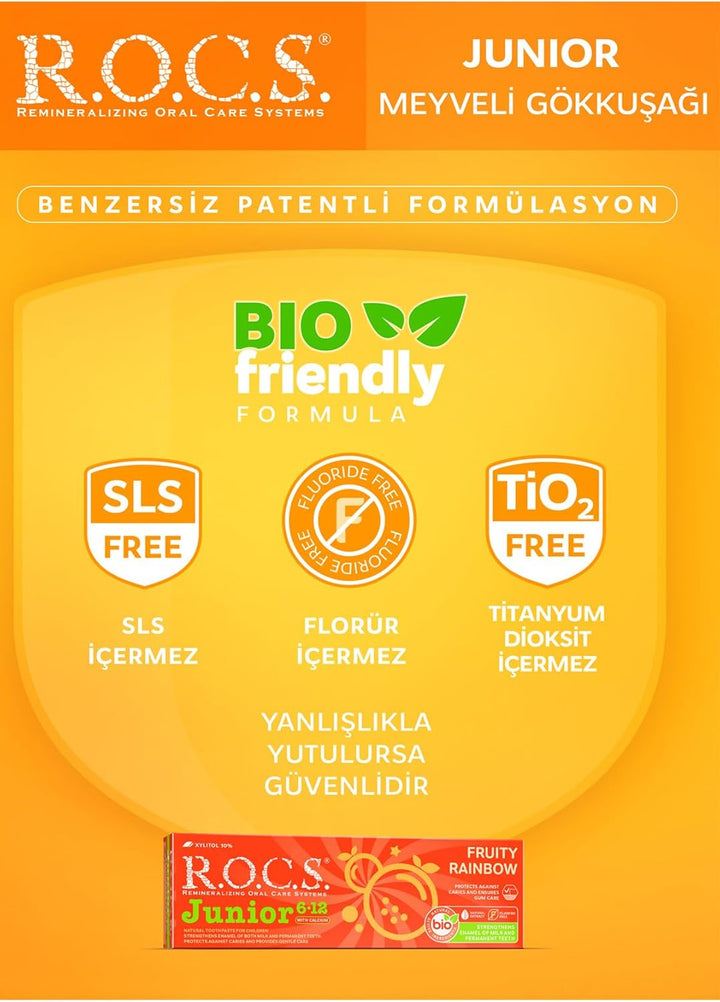 (ROCS) Toothpaste Junior (6-12 Y.O.) Fruity Rainbow 74 G - Fluoride Free - Safe Formula - Safe If Swallowed - Protection against Caries - Remineralization - Protection for Permanent Teeth