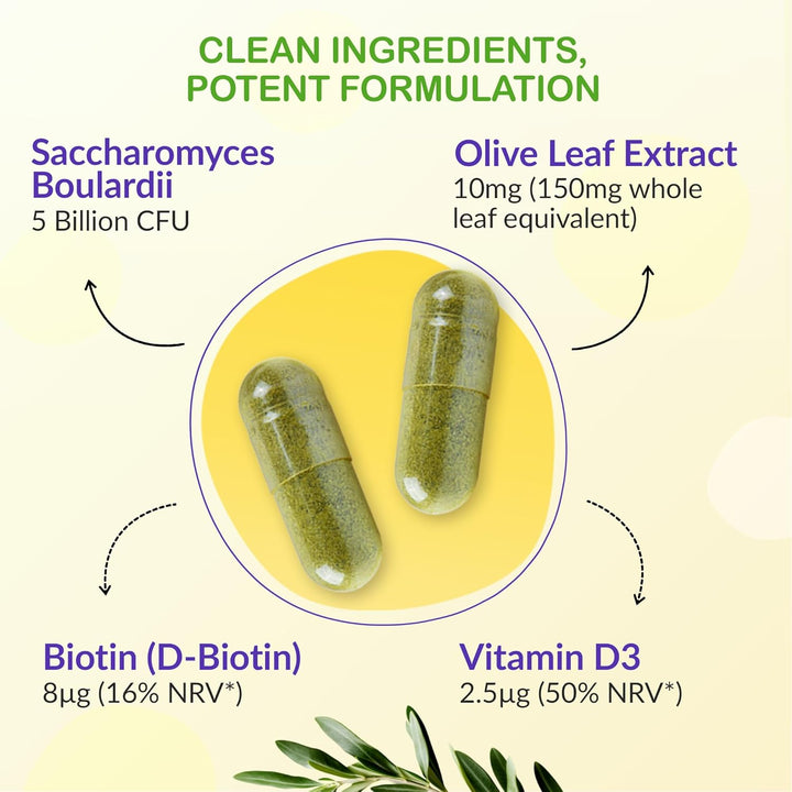 Saccharomyces Boulardii Probiotic – 90 Capsules | 5 Billion Friendly Bacteria with Olive Leaf, Biotin & Vitamin D | Natural Yeast Supplement for Gut Balance & Immune Support | UK Made by