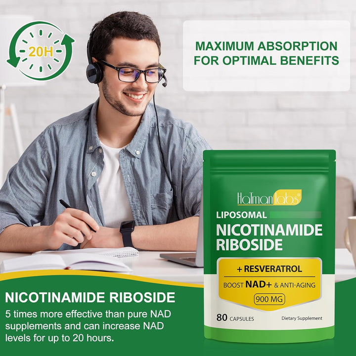 Liposomal NAD+ Supplement with Trans Resveratrol, NAD Nicotinamide Riboside Resveratrol 900Mg Supplement for Anti-Aging, Energy, Focus - Gluten-Free, Non-Gmo- 80 Capsules