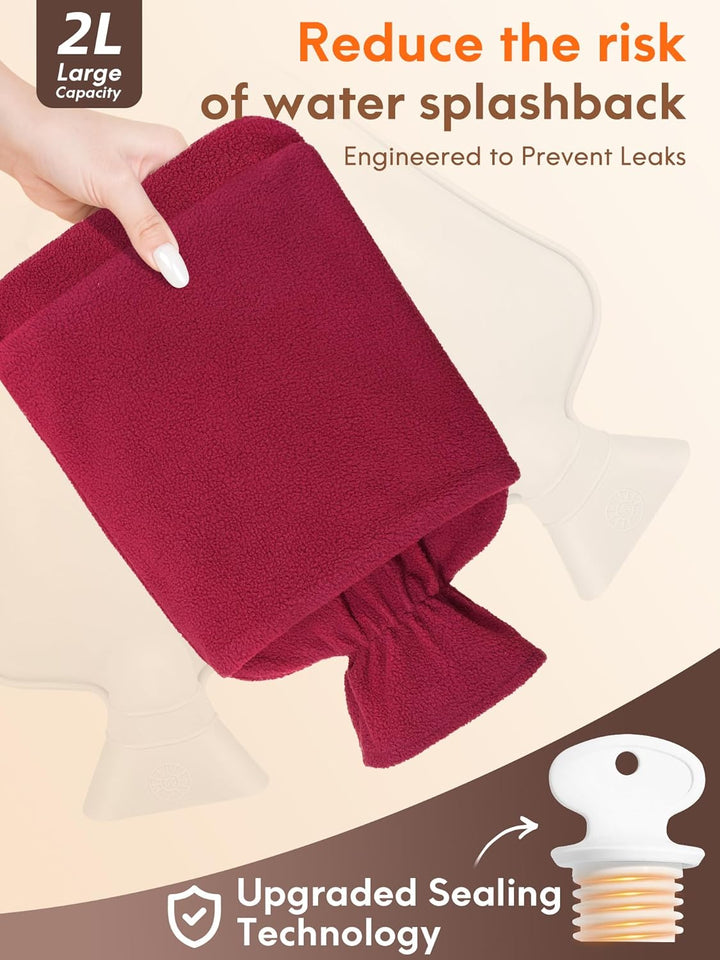 Hot Water Bottle with Fleece Cover - 2L Large Leakproof Hot Water Bag - Soft Hot Water Bottle with Hand Pocket and Natural Rubber -For Hands, Feet, Shoulders, Neck, Abdomen, Legs (Red)