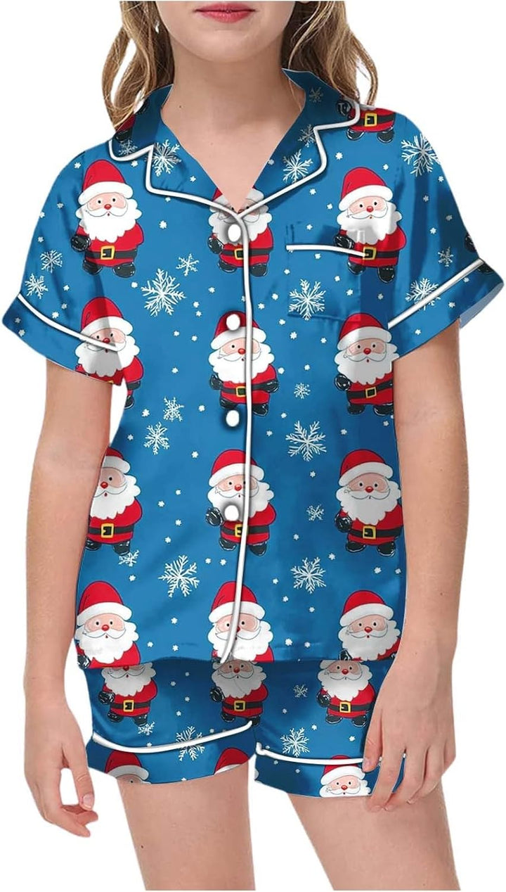 Girls Christmas Printed Pajamas Short Sleeved Button Top Shorts Home Set Christmas Hats