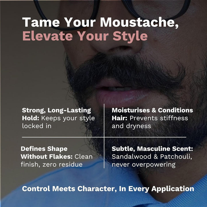 Sandalwood & Patchouli Moustache Wax | Ultra Strong Hold for Perfect Styling | Natural Ingredients | Softens & Conditions | Long-Lasting Rich & Earthy Scent | No Flaking | 5G