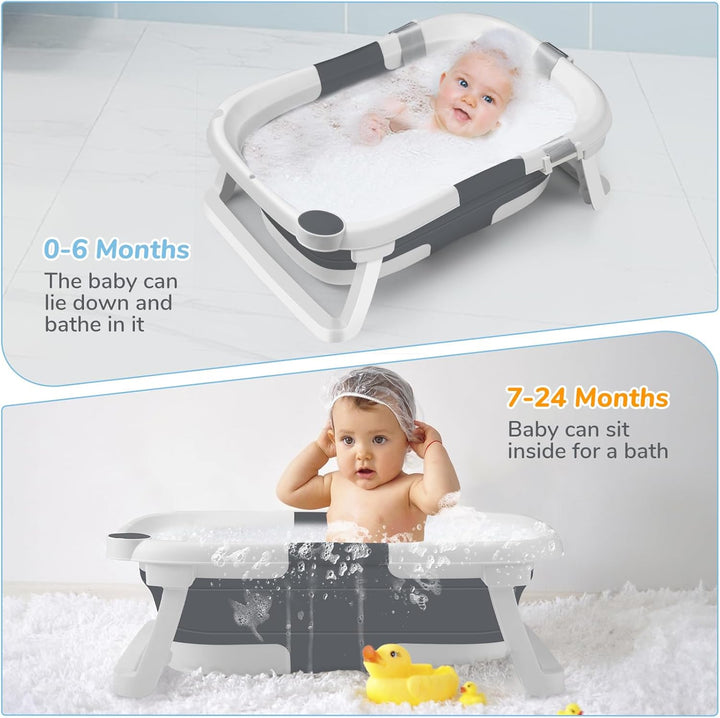 Baby Bath Tub for 0-6-12 Months Newborn, Foldable Toddler Bath with Soft Cushion Pad, Portable Baby Bathtub Travel save Space (Grey)