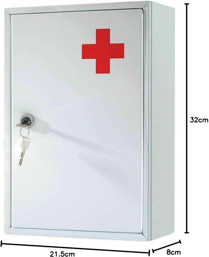 Medicine Cabinet Steel First Aid Storage - Wall Mount Lockable Metal Case Box - Ideal for Home, School, Office - Emergency Locker Medical Cabinet - 21.5 X 8 X 32Cm