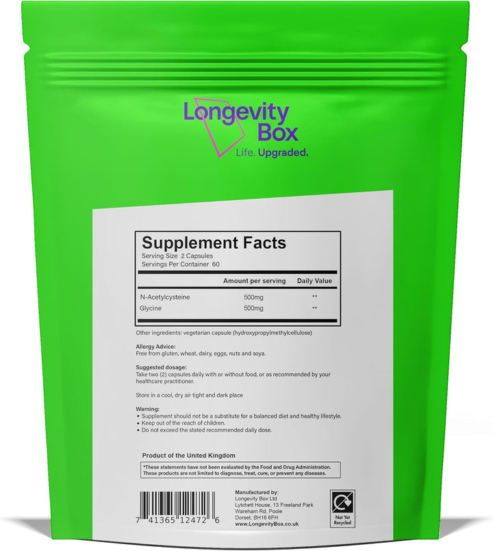 Glynac 1000Mg – 500Mg Glycine + 500Mg NAC – 120 Vegan Capsules for Glutathione, Energy & Healthy Aging