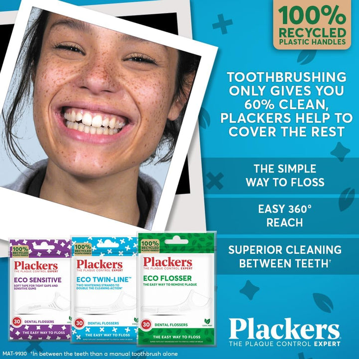 Eco Twin Line Flossers, Dental Flossers, Double Cleaning Action, Two Floss Threads, the Easy Way to Floss, Folding-Out Toothpick, Recycled Plastic Handle