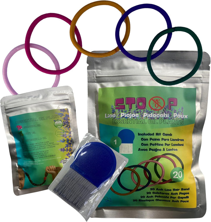 Hair Bobbles against Lice + Nit Comb | Pack of 20 with Zip Pocket | 100% Natural with Essential Oils | Helps Prevent Lice Naturally