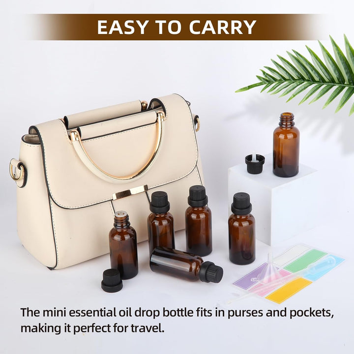 6Pcs 30Ml Amber Glass Essential Oil Bottle with Screw Caps,Empty Refillable Travel Liquid Sample Vial for Perfumes Aromatherapy with Funnel,3Ml Plastic Dropper and 6 Label