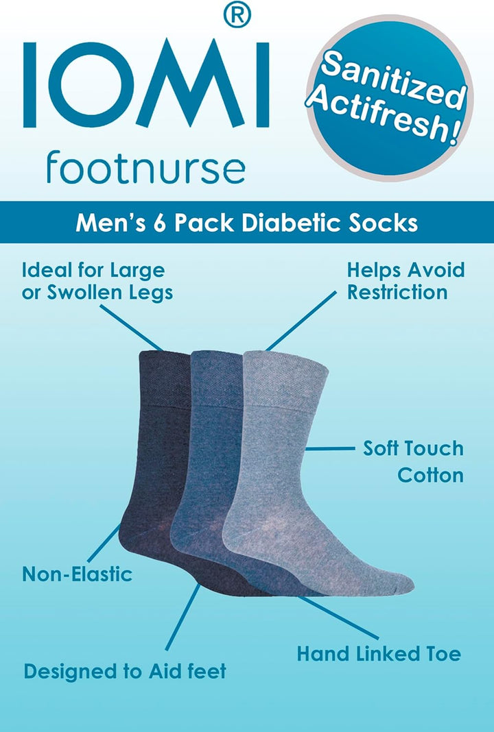 Footnurse - Mens 6 Pairs Cotton Non Elastic Diabetic Socks with Honeycomb Top