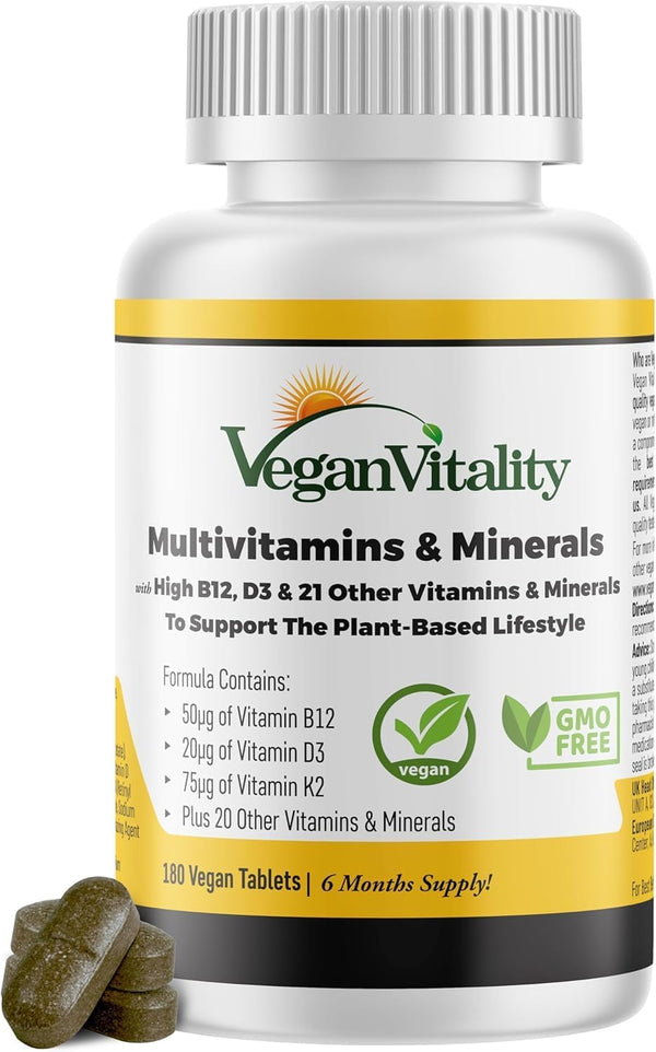 Vegan Multivitamins & Minerals with High Strength Vitamin B12, D3 & K2. 180 Multivitamin Tablets - 6 Months Supply. Designed for Vegans & Vegetarians.