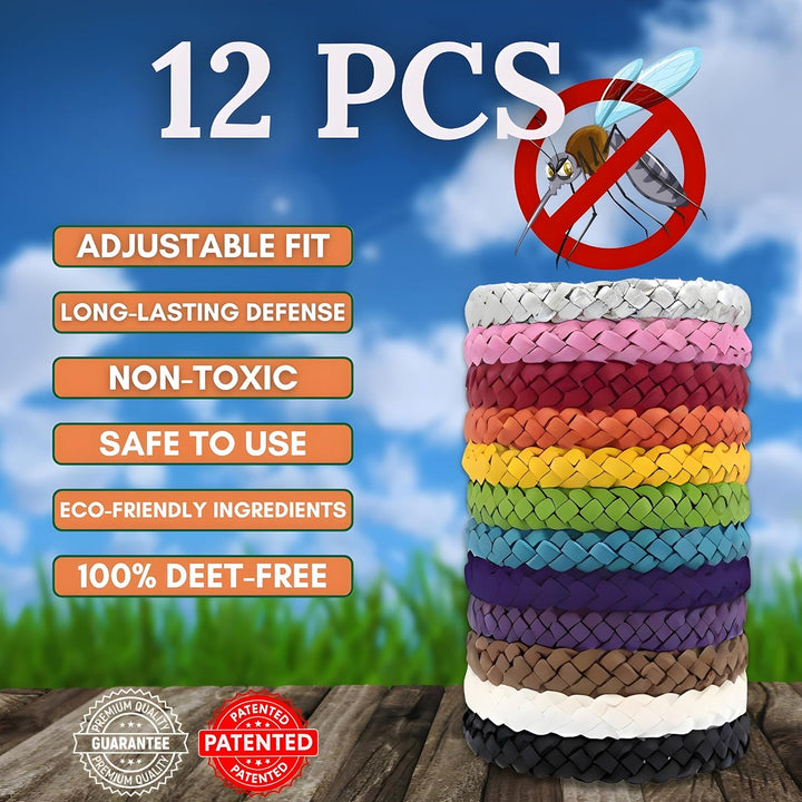 Mosquito Repellent Bracelet 12 Pcs, Adjustable Leather Band, Deet Free Travel Essentials, Insect Repellent Bracelet - 350 Hours Mosquito Repellent, Natural Anti-Mosquito Suitable for All Ages.