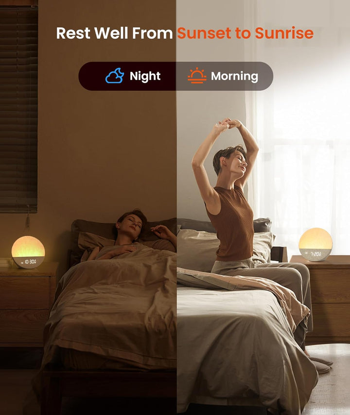 Sunrise 1 - Sunrise Alarm Clock, White Noise Machine with 29 Sounds, Wake up Light Alarm Clock with 5 Wake up Sounds, 9 Dimmable Night Lights, Snooze, Customizable Sleep Routines for Adults