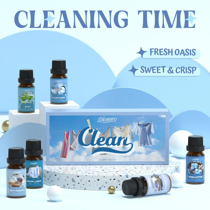 Clean Essential Oils Set, Fresh Cotton, Clean Home, Fresh Linen, Soft Powder, Blossom Soap, Mint Scented Oils for for Diffuser, Candle, Soap Making