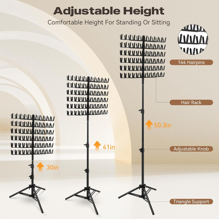 Braiding Hair Rack,Hair Extension Holder with 144 Pegs,Adjustable Height Braiding Rack & Wig Storage Stand,Double Sided Salon Tool for Salon Home Use