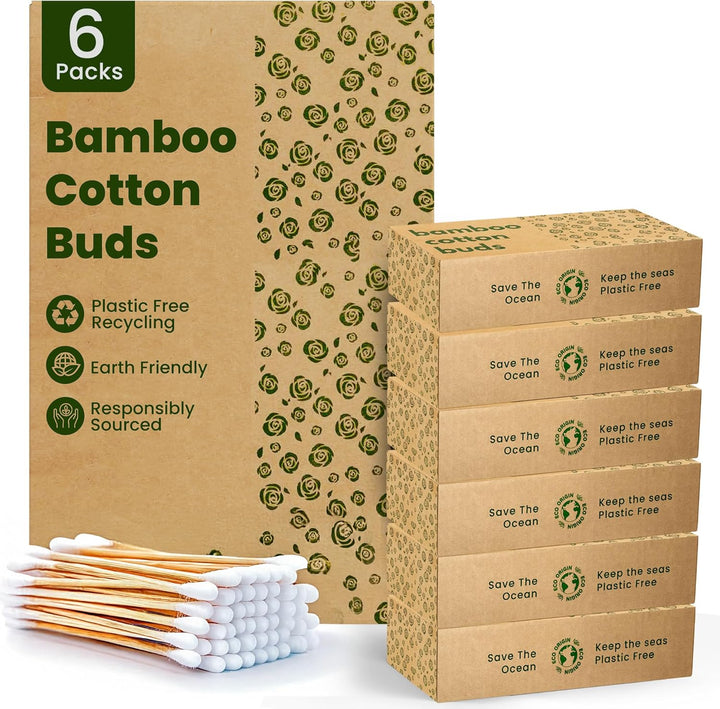600 Bamboo Cotton Buds |100% Eco-Friendly Biodegradable | Cotton Wool Buds | Compostable Bamboo Earbuds | Recycled Plastic Free Packaging | Correct Makeup | Carbon Offsetting | 6X100 Ear Buds Cotton