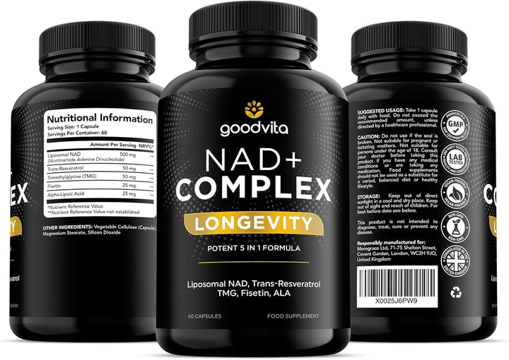 NAD+ Supplement 650Mg (5 in 1 Complex) 60 Caps, 2 Month Supply | UK Made | Boost NAD Levels | Resveratrol TMG Fisetin ALA | Liposomal High Bioavailability | Anti-Aging, High Strength