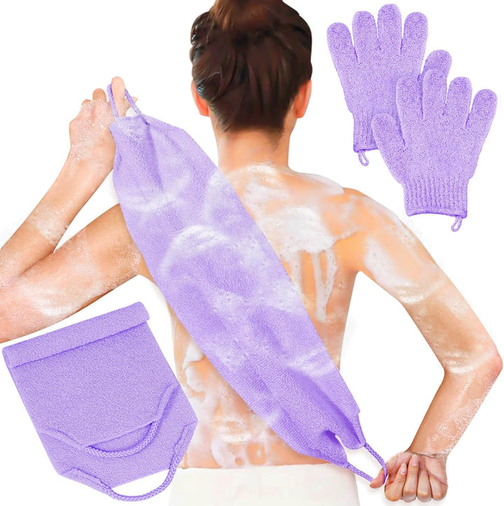 Exfoliating Back Scrubber Bath Gloves Set, Exfoliating Shower Towel with Shower Gloves for Body Scrub, Back Cleaner Wash Gloves to Remove Dead Skin (Black)