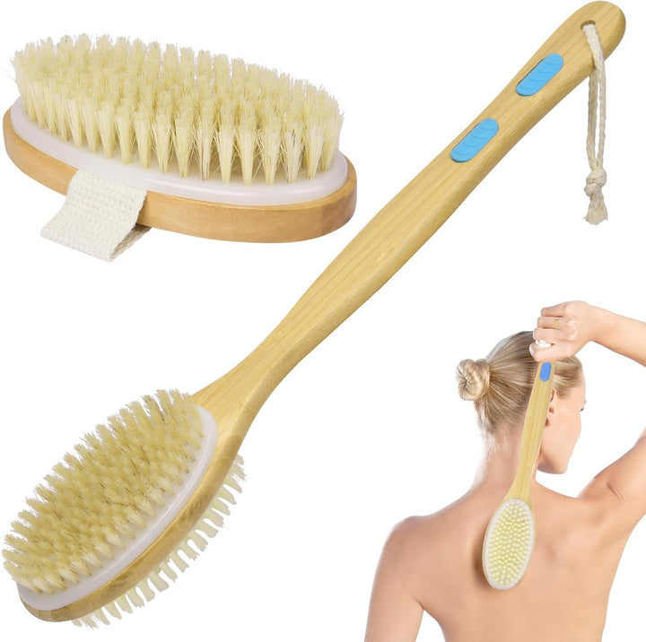 Body Brush, Natural Bristle Shower Brush, Dry Brushing Back Scrubber for Exfoliating, Massage, Improve Blood Circulation Cellulite